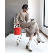 W ba ngàn khói xanh の gạo cà phê ấm mùa đông dày ấm cashmere len cổ chữ V đan đầm BL1676