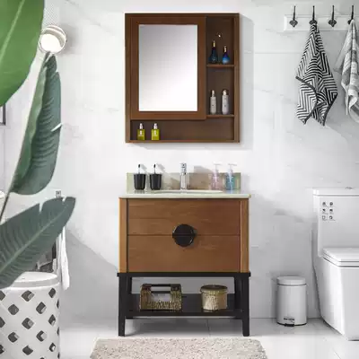 New Chinese style solid wood bath cabinet Floor-to-ceiling powder room vanity combination washbasin cabinet face wash small apartment customization