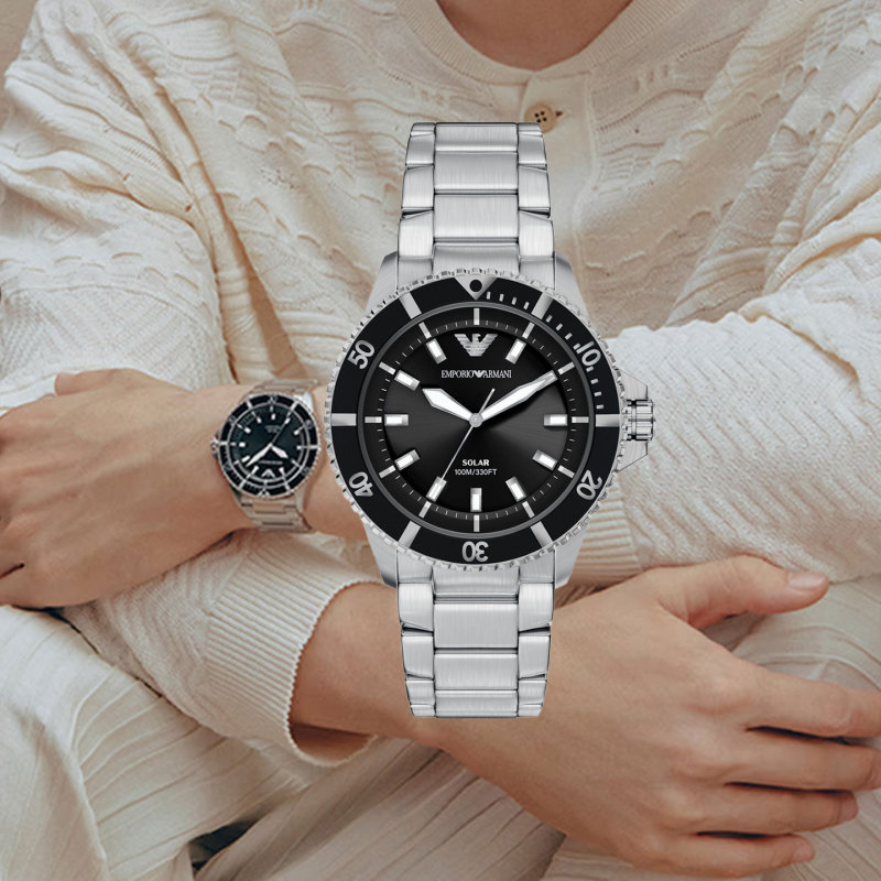 [26 New Products] Armani Men's Sports Watch Solar Steel Band Watch Black Dial Luminous Ar11787