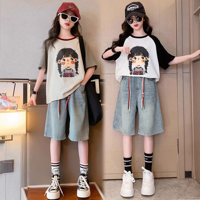 ຊຸດ denim ເດັກຍິງ summer ຊຸດ pants ແຂນສັ້ນສອງສິ້ນ