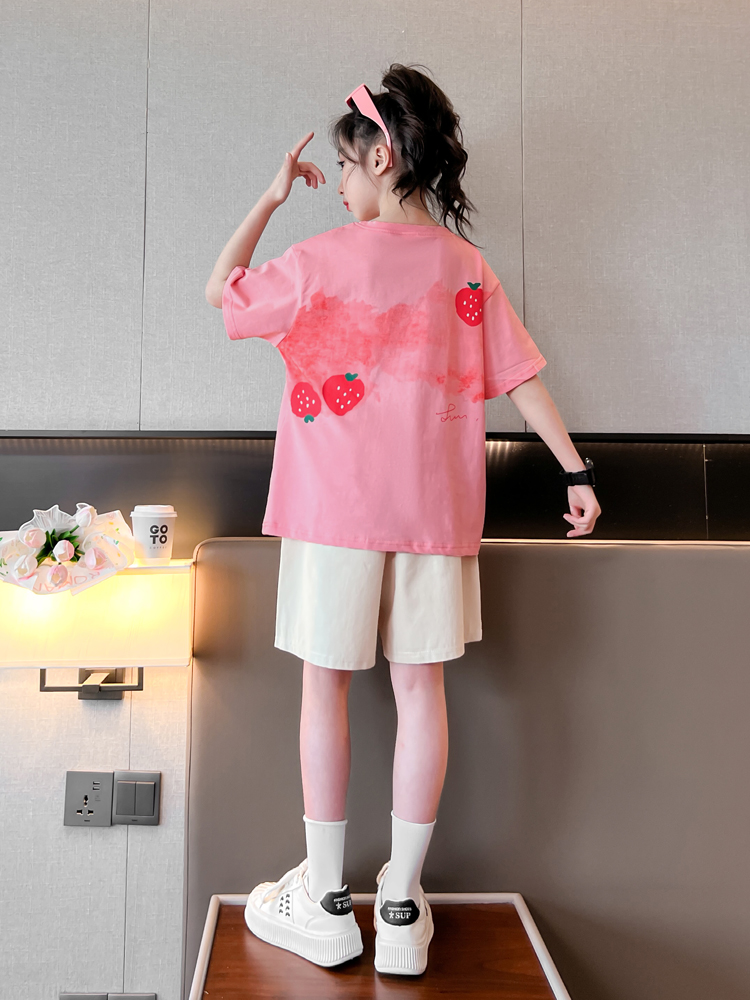 <!--女童夏装套装2024新款儿童时髦洋气运动女大童短袖短裤夏季两件套-->