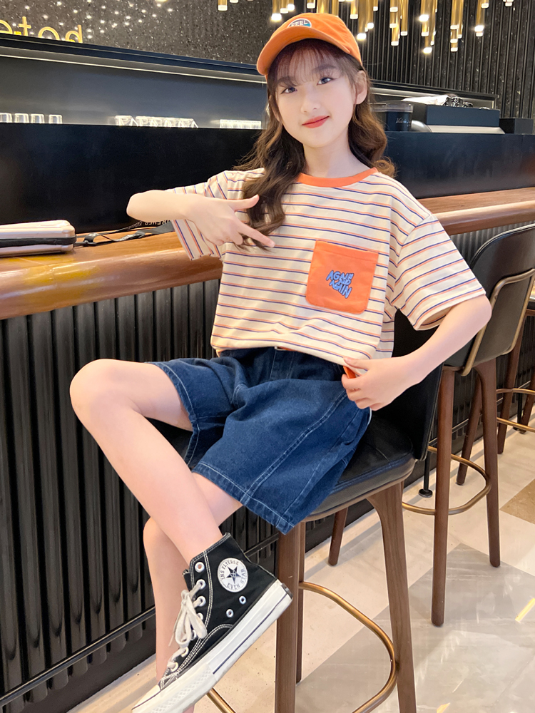 <!--女童套装夏装2024新款女孩女大童夏季运动纯棉短袖牛仔裤衣服儿童-->