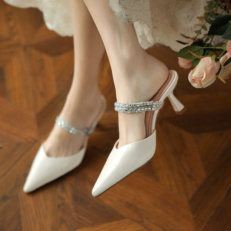 Self-leaving recommendation ~ Two wearing methods ~ Andromeda Wind Summer Water drill pointed fine heel high heel Shoe female Baotou Half slipper