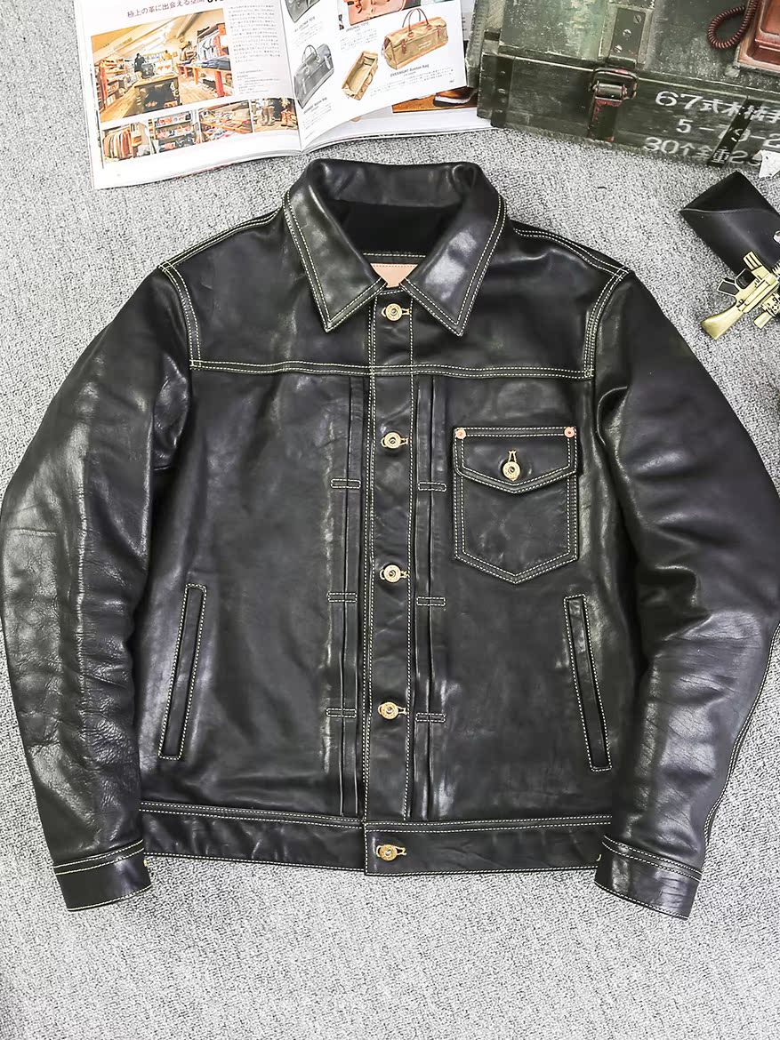 New oil wax horse skin leather coat men's lapel jacket short slim motorcycle suit spring and autumn denim leather jacket