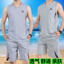 Summer thin sports suit mens large size vest shorts pure cotton sleeveless sportswear casual fitness running clothing