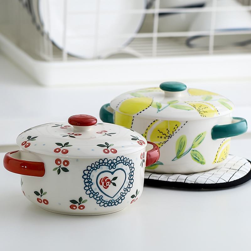 Cherry Foam Noodle Bowl with lid Double Ear Ceramic Bowl Student Dorm Bowl bowl Home Large Bowl Soup Bowl with Bowl The Bowl