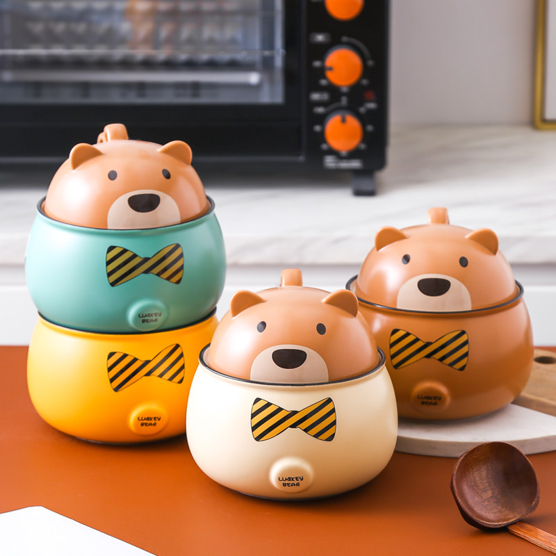 Cartoon cute ceramic bowl student dormitory eating bowl instant noodle bowl creative rice handle anti-scalding with lid bowl home