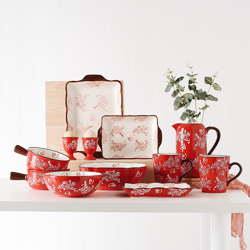 Underglaze color baked rice bowl plate dish Japanese ceramic tableware porcelain set homewarming wedding wedding tableware