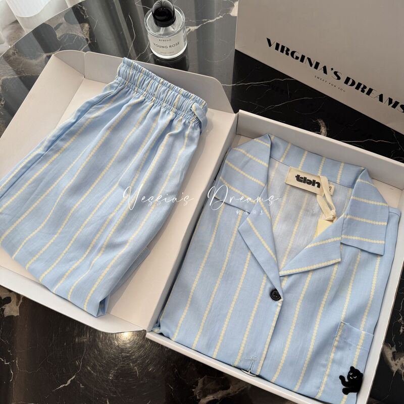 Celebrity-Style Lyocell Tencel Cotton Striped Pajamas for Men and Women, Couple Style, Autumn Long-Sleeved Long Pants Loungewear Set