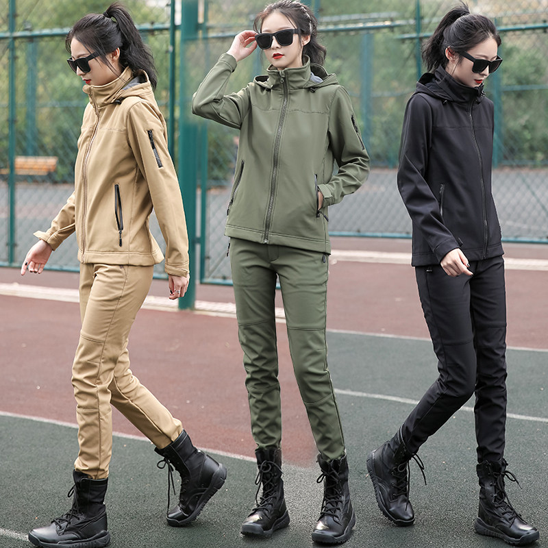 Outdoor camouflage suit suit women loose thin autumn and winter velvet windproof frock army green sailor dance clothing trend