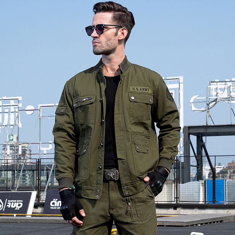 Spring and autumn workwear jacket men multi-pocket loose fashion slim Korean version of the tide jacket stand up collar long sleeve cardigan jacket