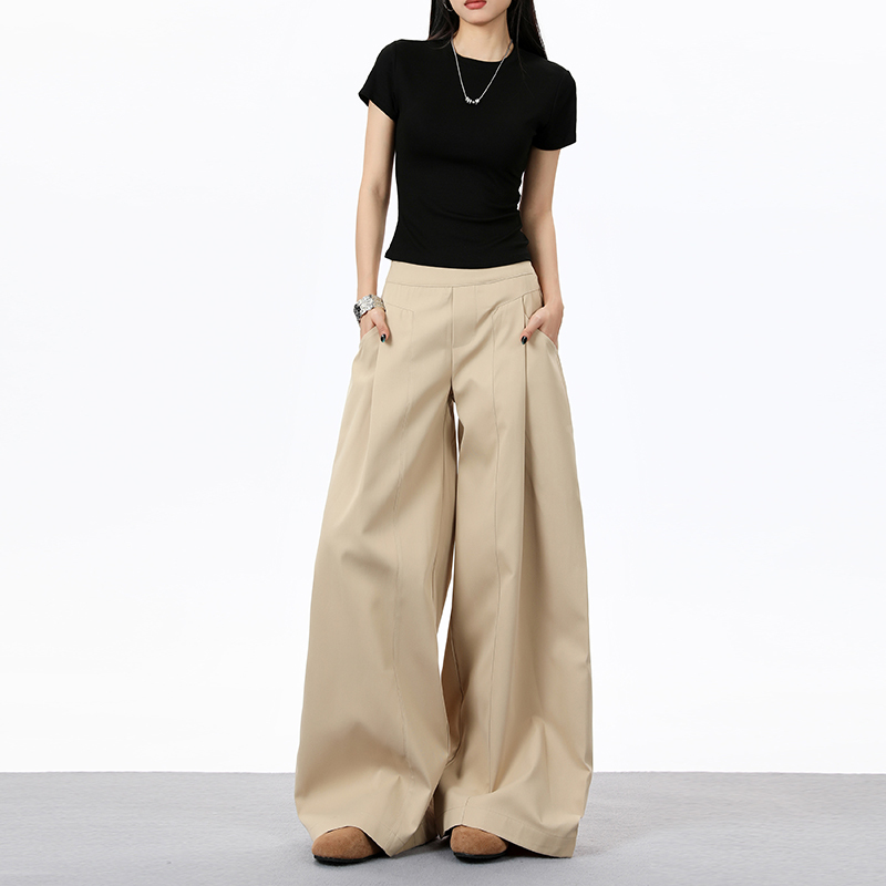 Fkug American Retro Tall Khaki Casual Wide-Leg Pants for Women, Loose, Slimming, Lazy Style, Extra-Long Floor-Length Pants