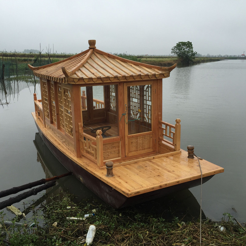Antique Painting Boat Cruise Portable Water Restaurant Hotel Outdoor Landscape B&B House Barbecue Dining Wooden Boat