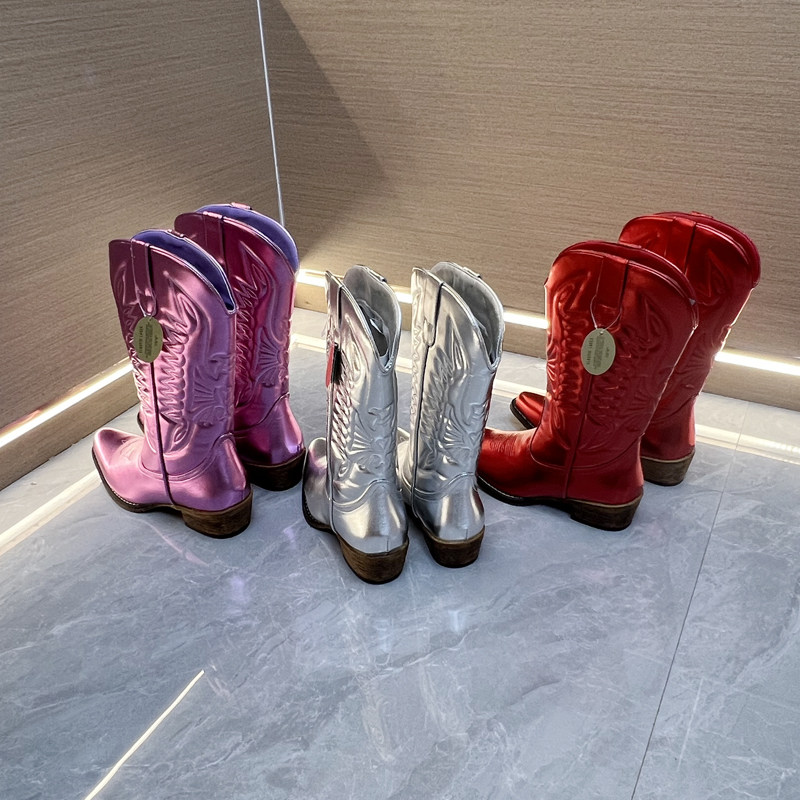 Западные Boots 高品质外贸原单粗跟刺绣亮色时尚复古西部靴大码中筒牛仔靴马丁靴 OTHER