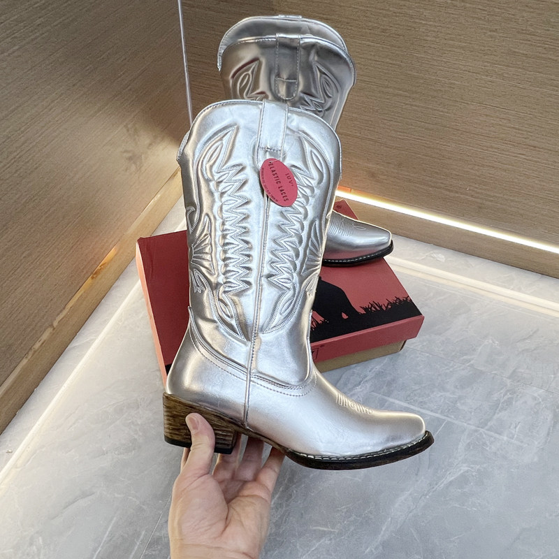 Западные Boots 高品质外贸原单粗跟刺绣亮色时尚复古西部靴大码中筒牛仔靴马丁靴 OTHER