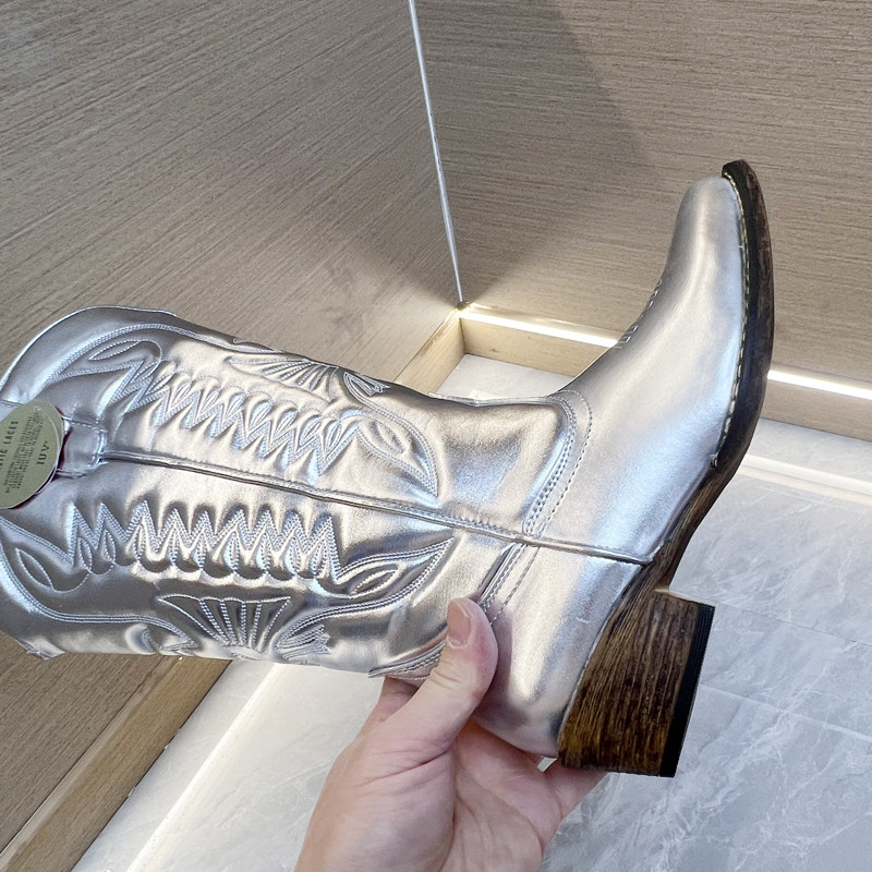 Западные Boots 高品质外贸原单粗跟刺绣亮色时尚复古西部靴大码中筒牛仔靴马丁靴 OTHER