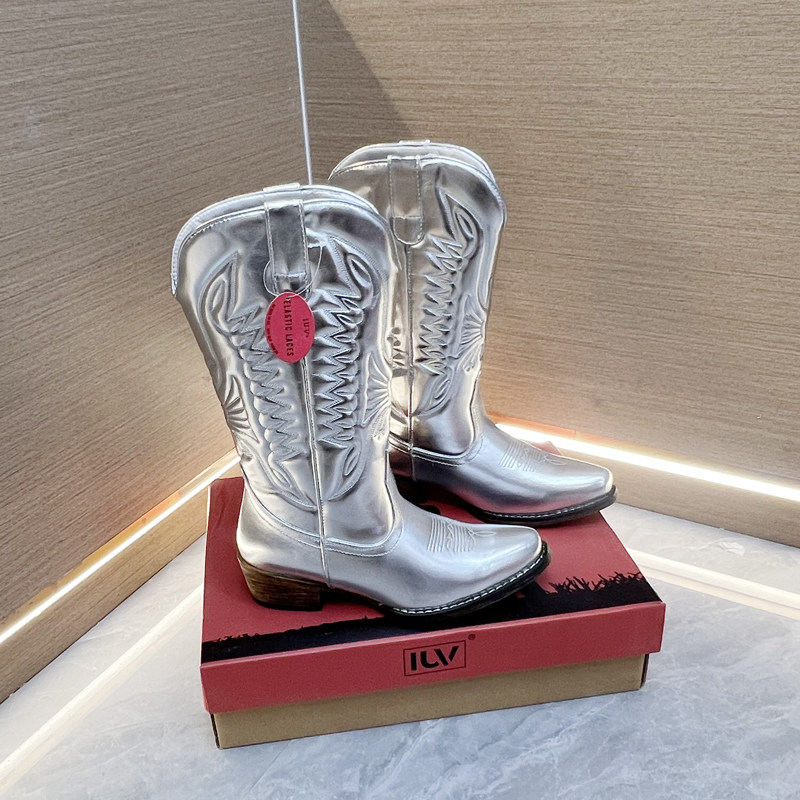 Западные Boots 高品质外贸原单粗跟刺绣亮色时尚复古西部靴大码中筒牛仔靴马丁靴 OTHER