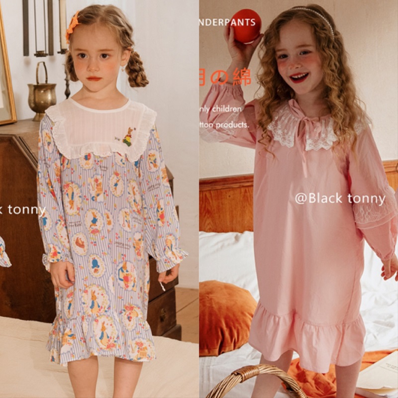 Small Black Trust Spring Summer Home Dress Girl Short Sleeve Long Sleeve Pure Cotton Modale Pyjamas Dress Air Conditioning Suit