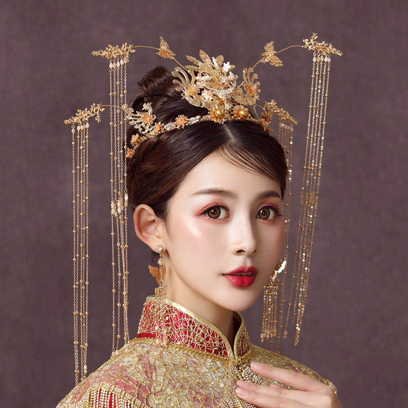 Xiuhe đội mũ cô dâu để lộ khuôn mặt nhỏ nhắn phù hợp với khuôn mặt tròn vương miện phượng hoàng khí chất phong cách Trung Quốc Xiuhe phụ kiện tóc cưới tua rua bước - Phụ kiện tóc