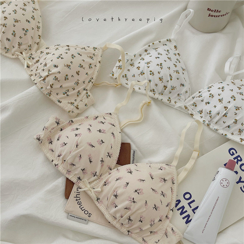 THREEPIG Fresh Small Floral Thin Comfortable No Steel Ring Triangle Cup Small Breast Beautiful Back Bra Underwear