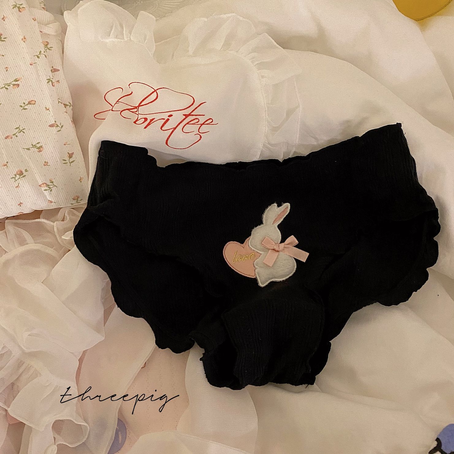 THREEPIG cute love girl heart brushed bunny rabbit solid color cotton comfortable low waist briefs