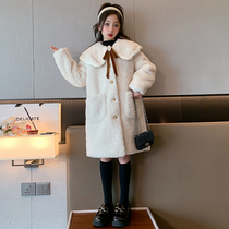 Childrens wool coat velvet and thickened wool sweater mid-length autumn and winter warm coat little girls princess style top