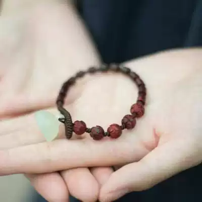 Ink small leaf red sandalwood Lotus carved wooden barrel bead hand string diamond knot hand rope woven natural Hetian jade lotus
