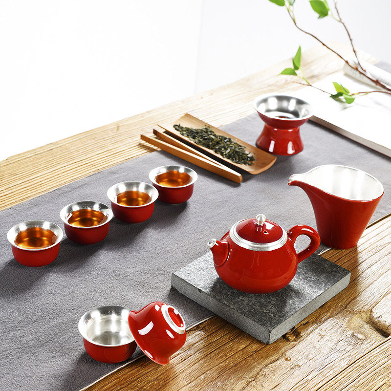 Gilded silver Chinese red tea set wedding celebration teacup set home living room teapot lid bowl tea leak fair combination