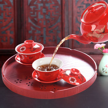 High-end wedding tea cup Dragon Phoenix joy ceramic bowl wedding tea kettle newcomer gift Red Cover bowl chopsticks set