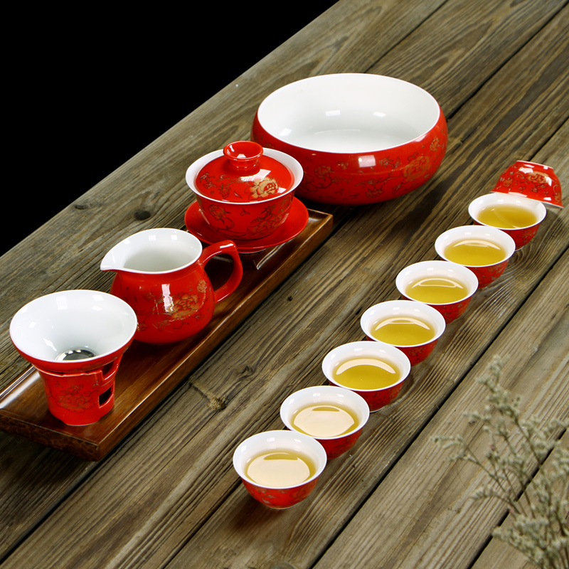 Brand whole set of Gongfu tea set set Dehua County porcelain gold peony wedding wedding toast tea cup new wedding gift