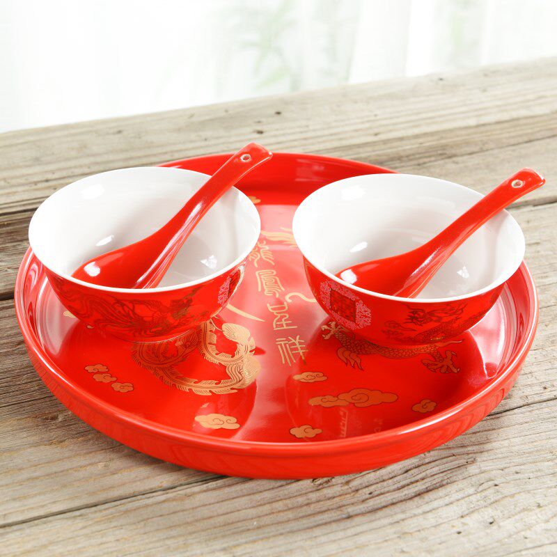 Happy Bowl Wedding to Bowl Suit Upscale Wedding Dei Jingde Town Cartoon Porcelain Eating Sweet Soup Chinese Wedding Soup Spoon