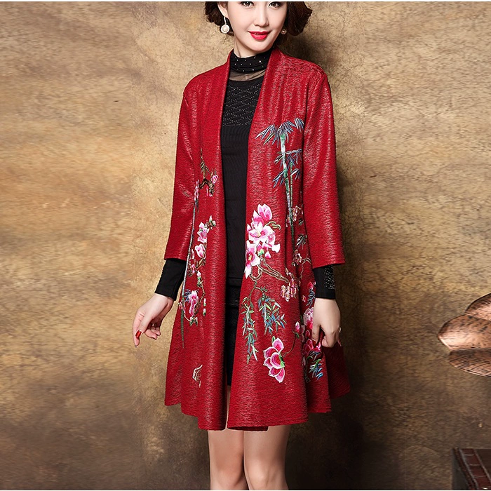 Phong cách dân tộc phụ nữ trung niên và cao tuổi áo khoác gió mùa xuân và mùa thu áo khoác váy cưới mẹ váy áo cardigan thêu rời cỡ lớn - Trench Coat