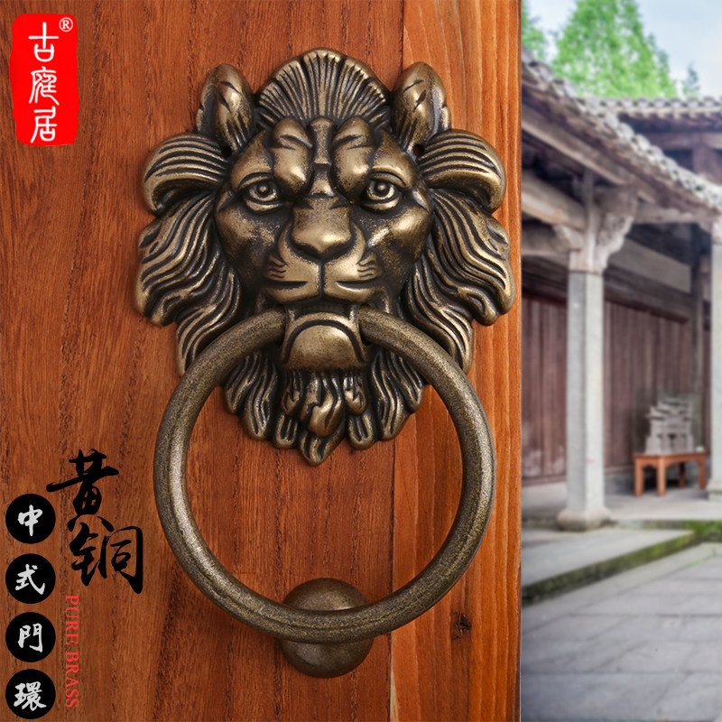 Old solid wood gate ring beast head bronze handle ancient built villa outdoor lion head pull ring handle antique door decoration