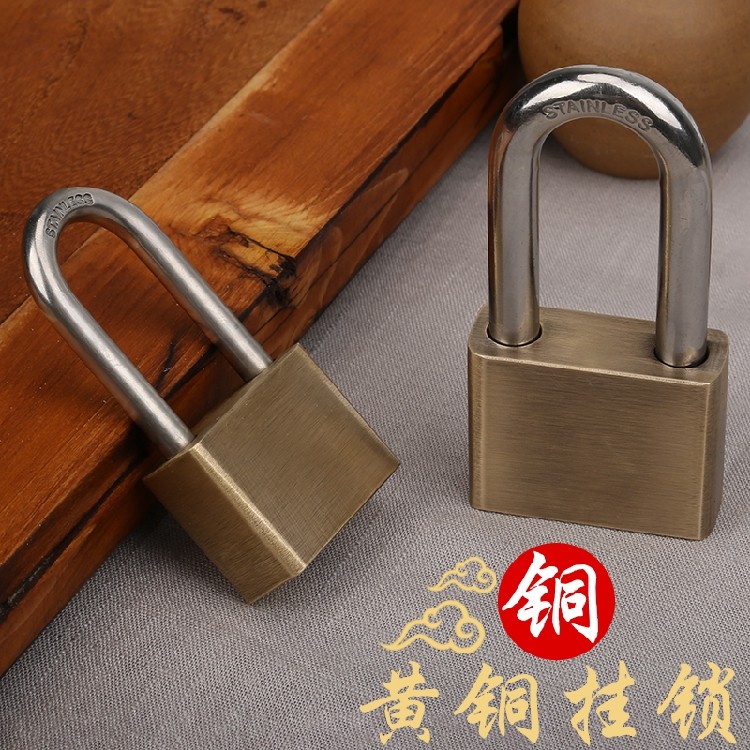 Burglar-proof antique brass lock outdoor court head lengthened long handle waterproof anti-rust anti-prying retro pure copper padlock