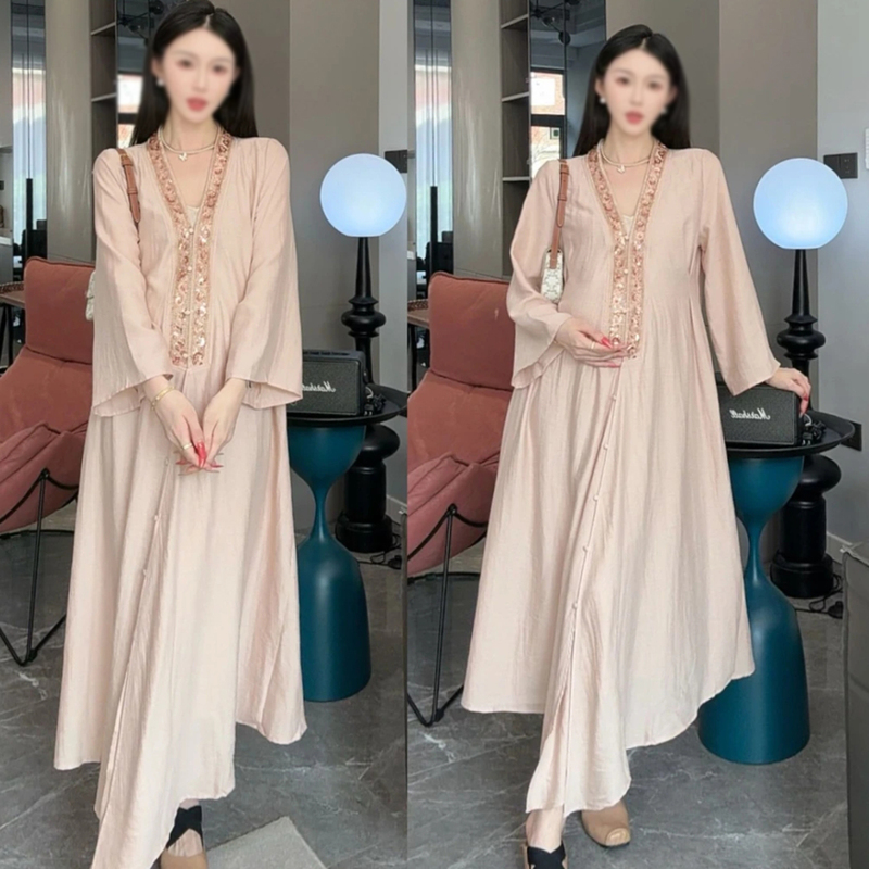 Maternity Summer Long Dress, Light Luxury Style, V-Neck, Sequins, Beading, Sequin V-Neck, Light Luxury Vacation Style, Long Elegant Dress