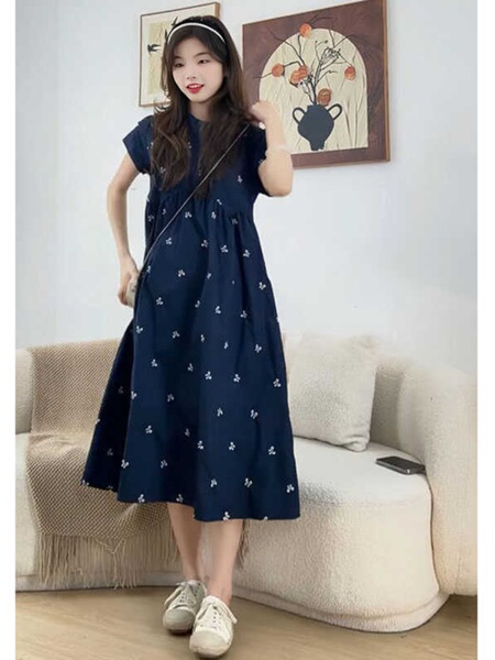 Maternity Wear Summer Loose-Fitting Age-Reducing Embroidered Dress 2026 New Style Petite High-Waisted Slimming Mid-Length Dress