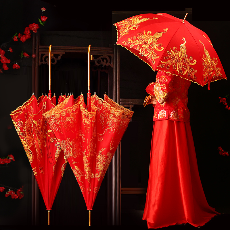 Lei Yun wedding lace big red umbrella Wedding long handle umbrella Bride wedding red umbrella Sunscreen parasol craft umbrella