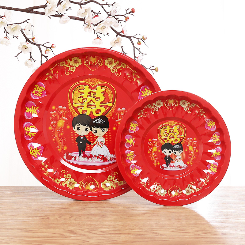 Wedding Supplies Wedding TRAY STAINLESS STEEL HAPPY PLATE WITH TEA CUP DEI-TRAY FESTIVE RED ROUND CHINESE FRUIT TRAY