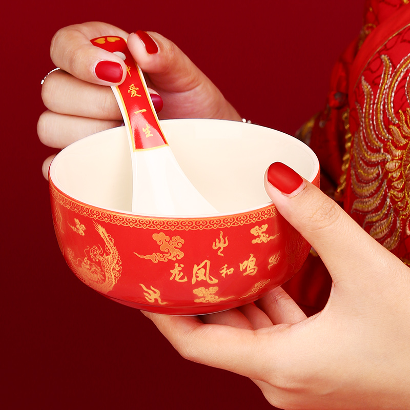 Lei Yun wedding gift couple ceramic bowl Xi bowl Dinner bowl Bride dowry bowl Spoon and chopsticks set Wedding supplies