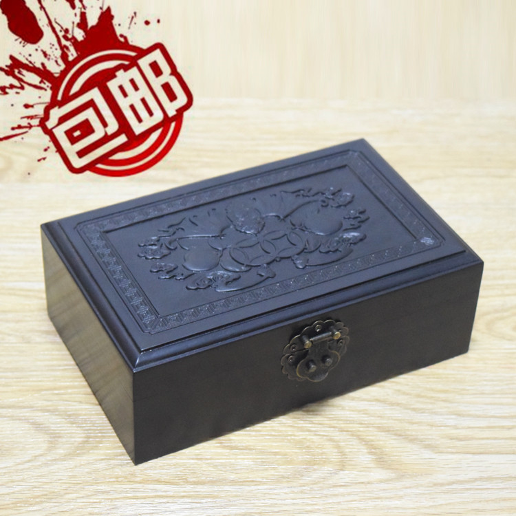 Mahogany Jewelry Box Black Sandalwood Fu Lu Shou Carved Jewelry Box Flip Retro Jewelry Box Rectangular Jewelry Box
