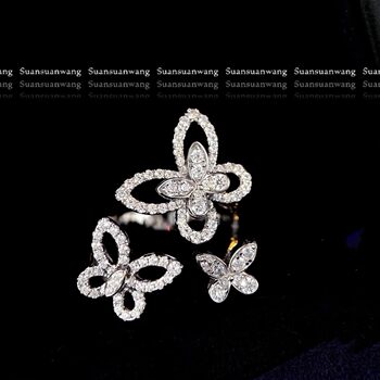 Super beautiful! full diamond phantom butterfly trio ring 925 silver ring plated with 18k white gold open adjustable wedding ring for women