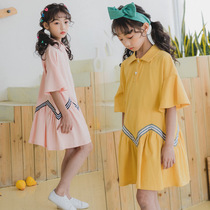 Girls parent-child dress 2020 Summer new mid-child bell sleeve lapel loose mid-length skirt foreign style