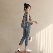 Girls black and white checkered doll shirt CUHK Childrens foreign air vest Princess blouse day Department Jane about sleeveless pro-dress