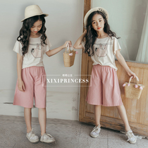 Girl Pure Cotton Casual Summer Style Suit 2022 New CUHK Children Cartoon Short Sleeve T-shirt Broadleg Midpants Suit