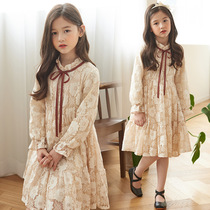 Korean version of the girl lace dress 2019 spring and autumn models large and small childrens princess skirt temperament retro dress skirt