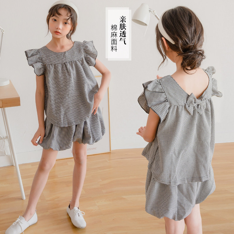 Girl Cotton Linen Suit 2020 Summer Dress New CUHK Girl Girl Loose Foreign Pie Short Sleeve Doll Shirt Shorts