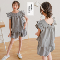 Girls cotton linen set 2020 summer dress new large Children girls loose foreign style short sleeve baby shirt shorts