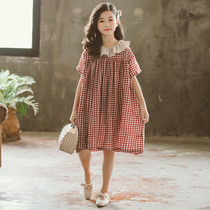 2020 Summer new middle and big childrens plaid line loose dress girl foreign baby collar cotton dress