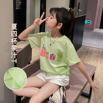 Childrens clothing 2020 Summer new large childrens foreign style round neck cotton cotton short sleeve T-shirt Girls Fashion loose top