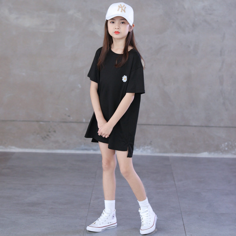 Girl Long Version Loose Short Sleeve Pure Cotton T-shirt 2020 Summer Dress New CUHK Child Chicks Pure Cotton Printed Blouse